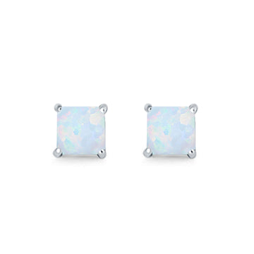 Halo Stud Earrings Princess Cut Lab Created White Opal 925 Sterling Silver 7mm